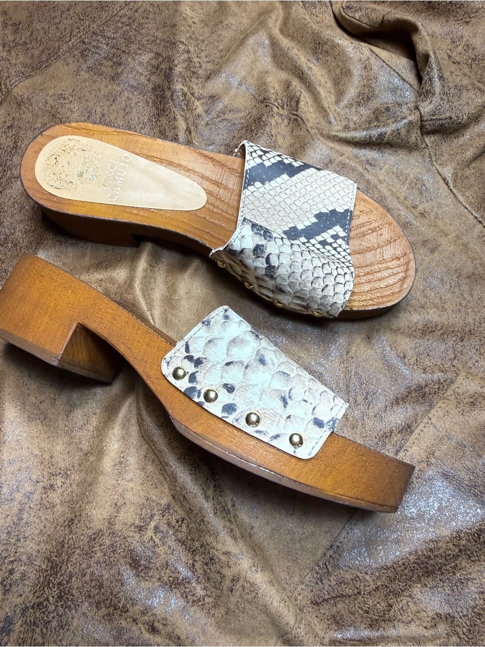 41. Vince Camuto Beige and Black Snake-Print Wood Block Heel Mules